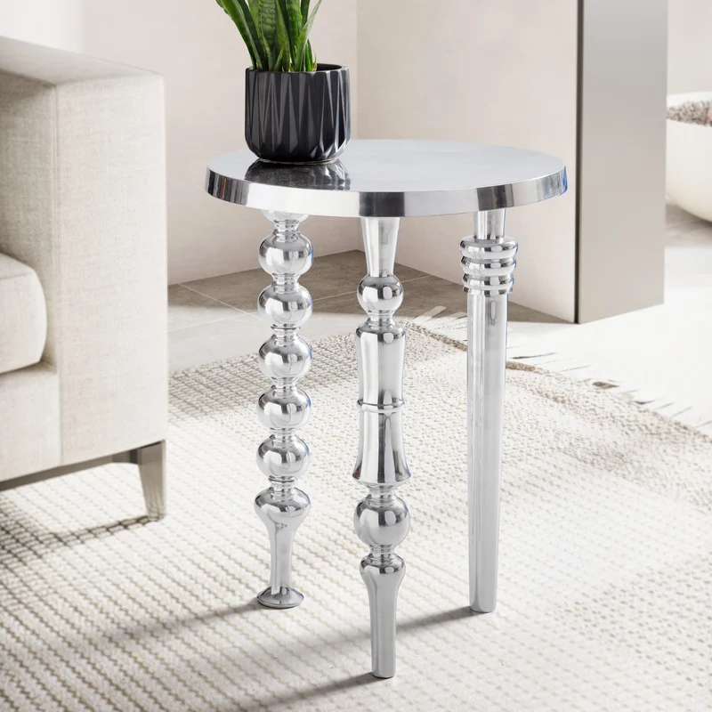 Beistelltisch Aluminium 44x44x63cm Dreibein Rund Silber Modern