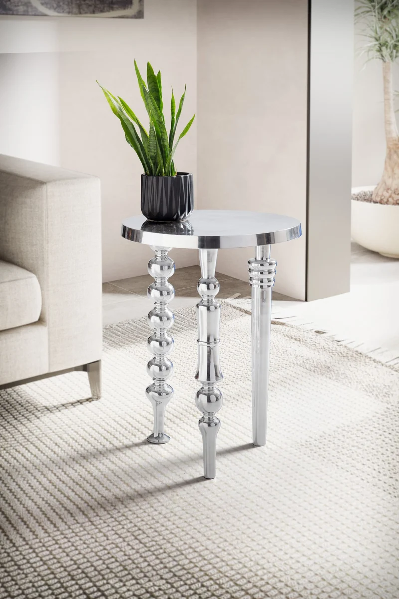 Beistelltisch Aluminium 44x44x63cm Dreibein Rund Silber Modern