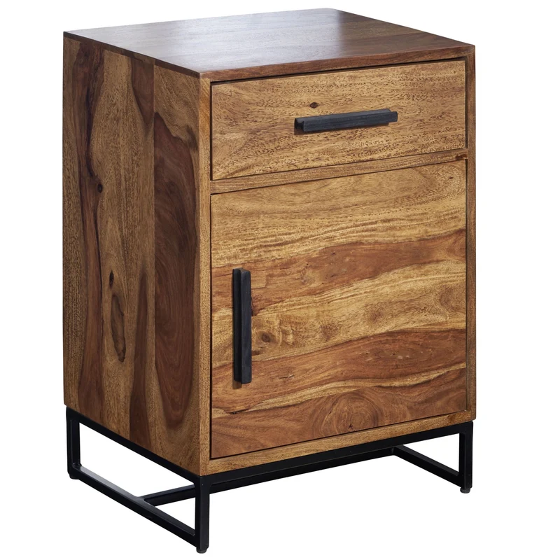 Nachttisch Sheesham Massivholz Metall 45x35x65cm Schublade Tür Industrial
