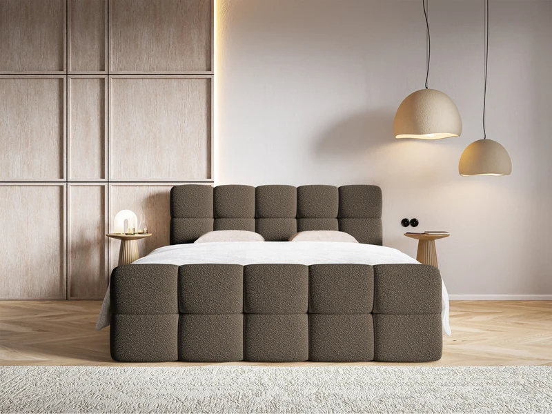 Kontinentales Bett 180x200 cm Cloudy mit Stauraum und Topper, braunes Bouclé