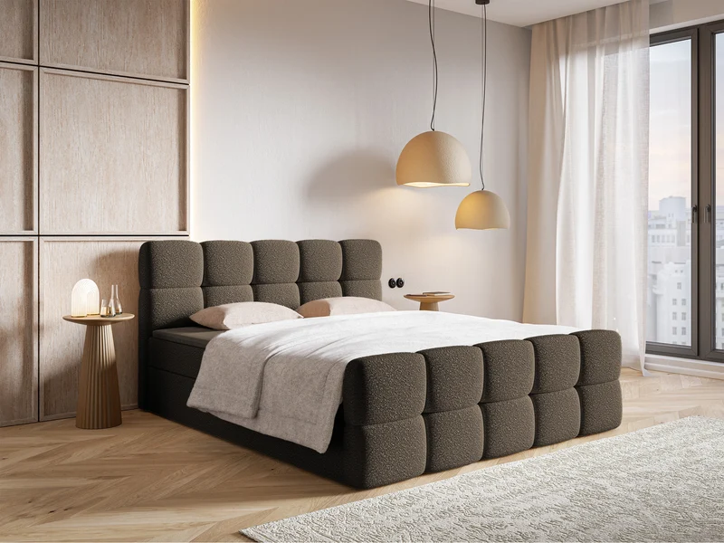Kontinentales Bett 180x200 cm Cloudy mit Stauraum und Topper, braunes Bouclé