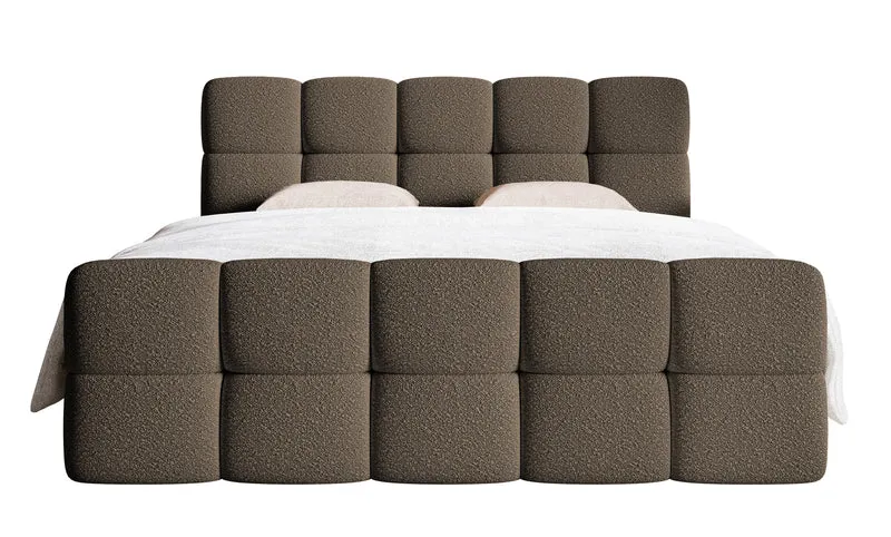 Kontinentales Bett 180x200 cm Cloudy mit Stauraum und Topper, braunes Bouclé