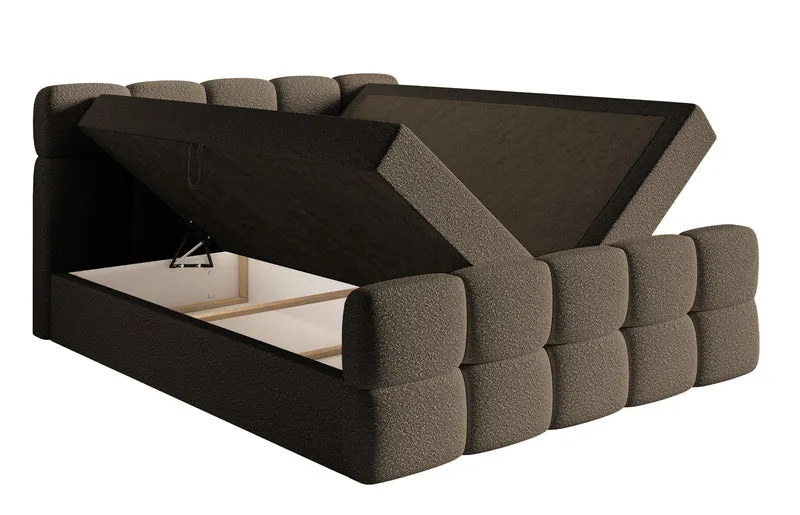 Kontinentales Bett 180x200 cm Cloudy mit Stauraum und Topper, braunes Bouclé
