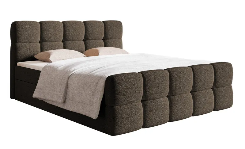 Kontinentales Bett 180x200 cm Cloudy mit Stauraum und Topper, braunes Bouclé