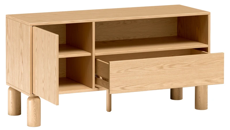 Einzeltüriger TV-Schrank Sanden mit Schublade und Nische, 120 cm, Eiche Bookmatch