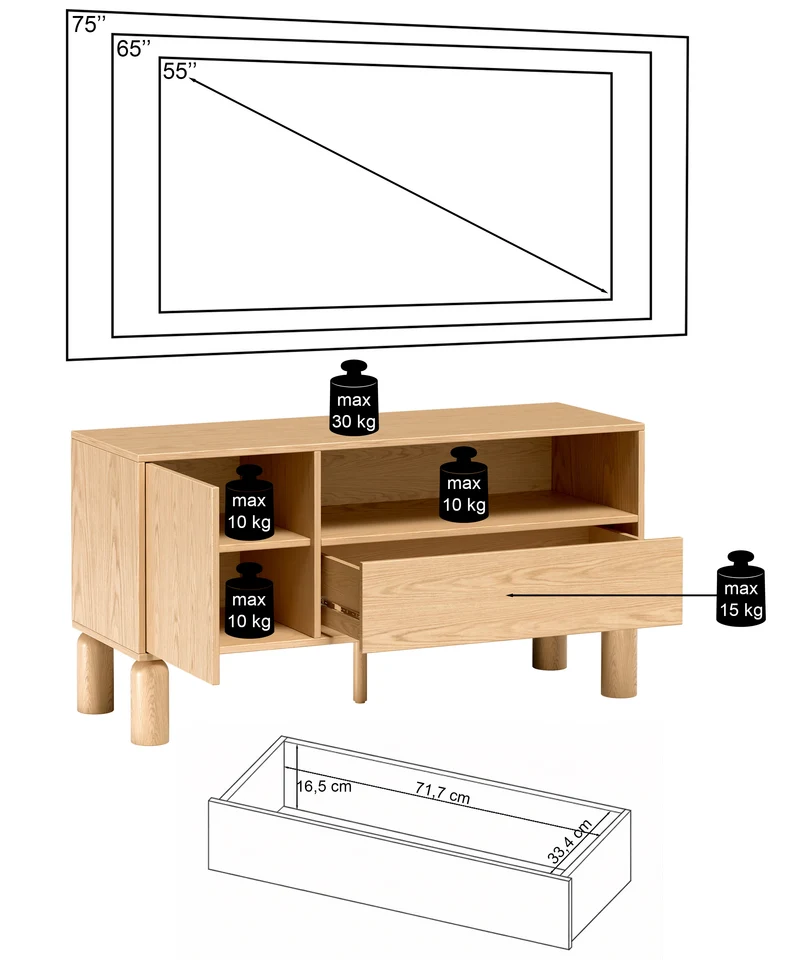 Einzeltüriger TV-Schrank Sanden mit Schublade und Nische, 120 cm, Eiche Bookmatch