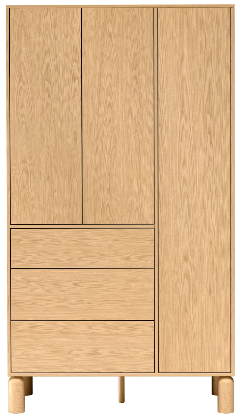 Drehtürenschrank Sanden mit drei Schubladen, 110 cm, Eiche Bookmatch