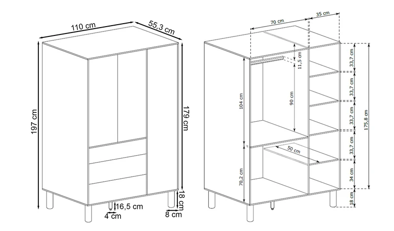 Drehtürenschrank Sanden mit drei Schubladen, 110 cm, Eiche Bookmatch
