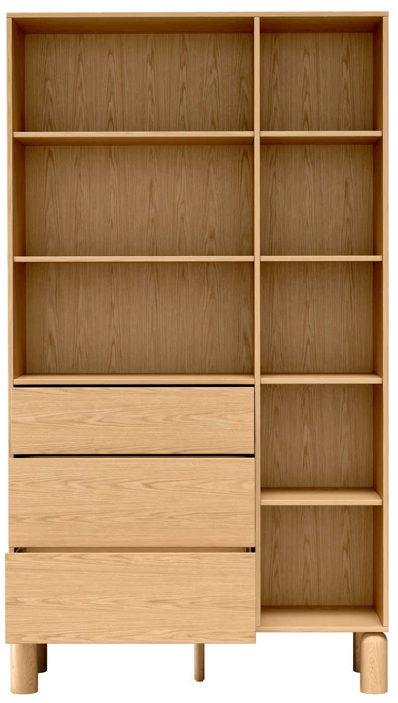 Regal Sanden mit drei Schubladen, 110 cm, Eiche Bookmatch