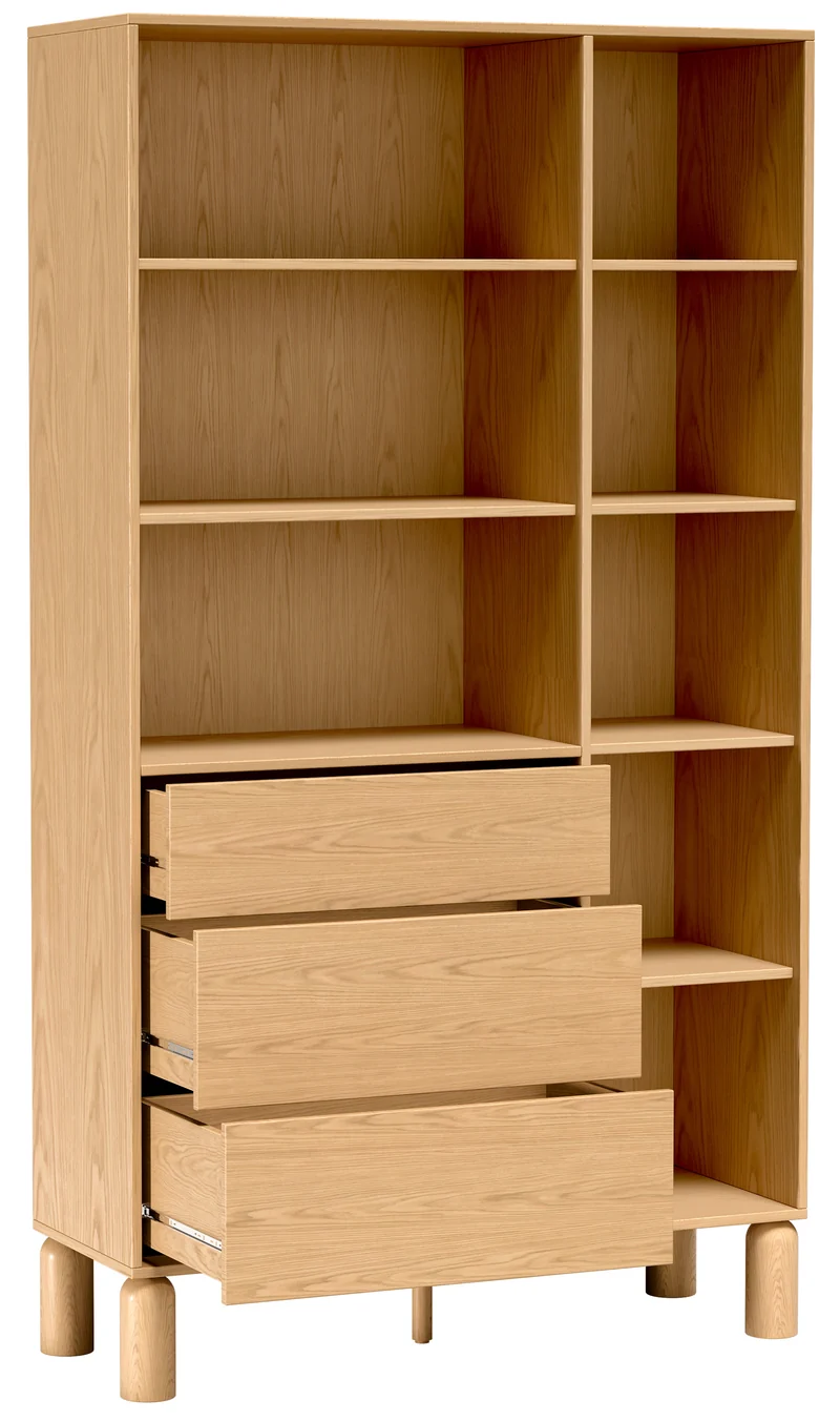 Regal Sanden mit drei Schubladen, 110 cm, Eiche Bookmatch