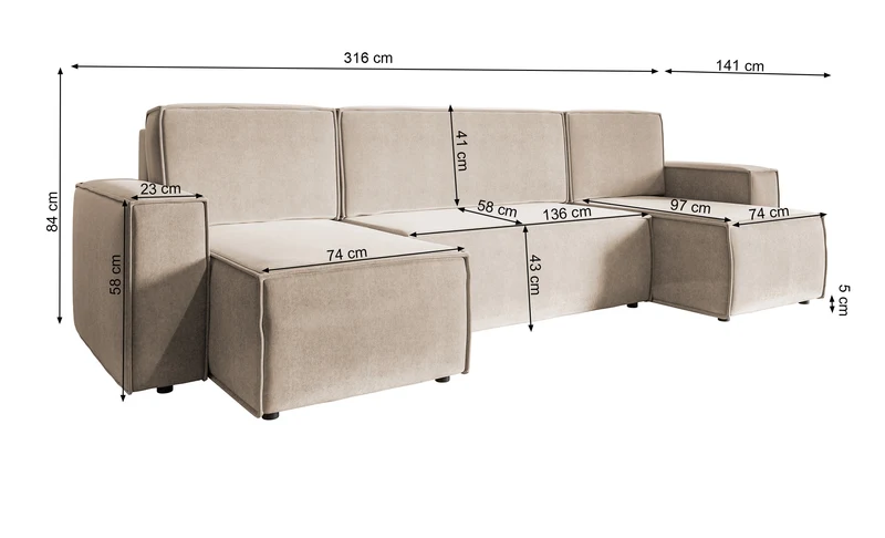 U-förmiges Ecksofa Copertino mit Schlaffunktion, universalem Stauraum, hellbeiger, wasserabweisender Samtvelours