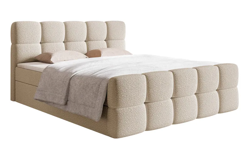 Kontinentalbett 140x200 cm Cloudy mit Stauraum und Topper, hellbeiges Bouclé