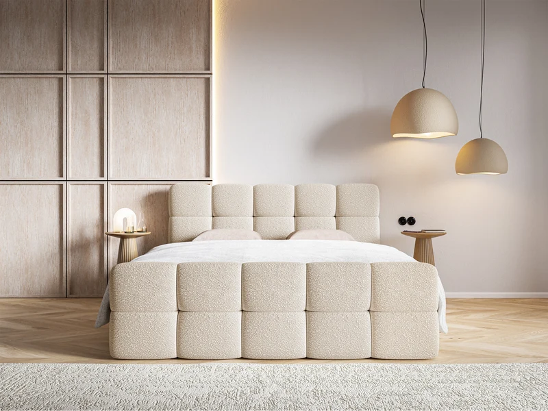 Kontinentalbett 140x200 cm Cloudy mit Stauraum und Topper, hellbeiges Bouclé