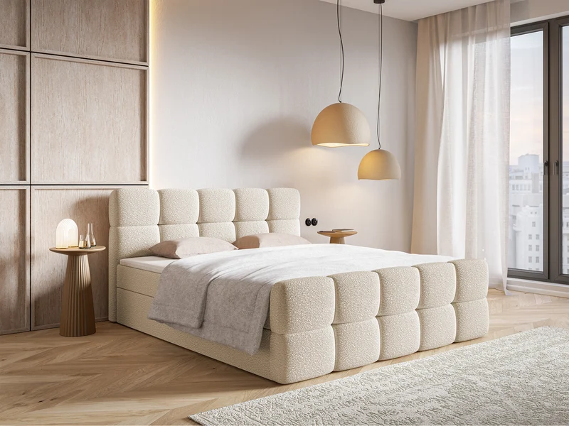 Kontinentalbett 140x200 cm Cloudy mit Stauraum und Topper, hellbeiges Bouclé