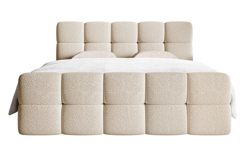 Kontinentalbett 140x200 cm Cloudy mit Stauraum und Topper, hellbeiges Bouclé
