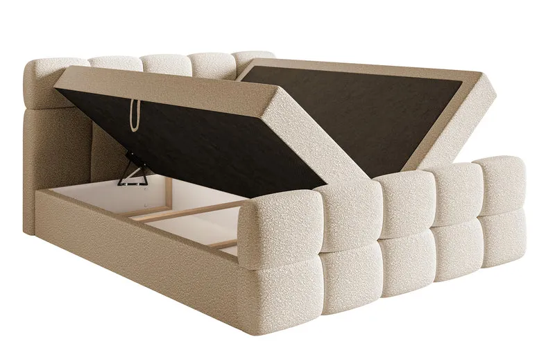 Kontinentalbett 140x200 cm Cloudy mit Stauraum und Topper, hellbeiges Bouclé