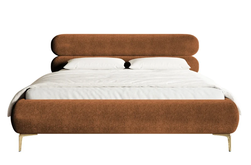 Polsterbett 180x200 cm Roule mit Stauraum, Metallrahmen, kupferfarbener Velours, wasserabweisend, goldene Beine