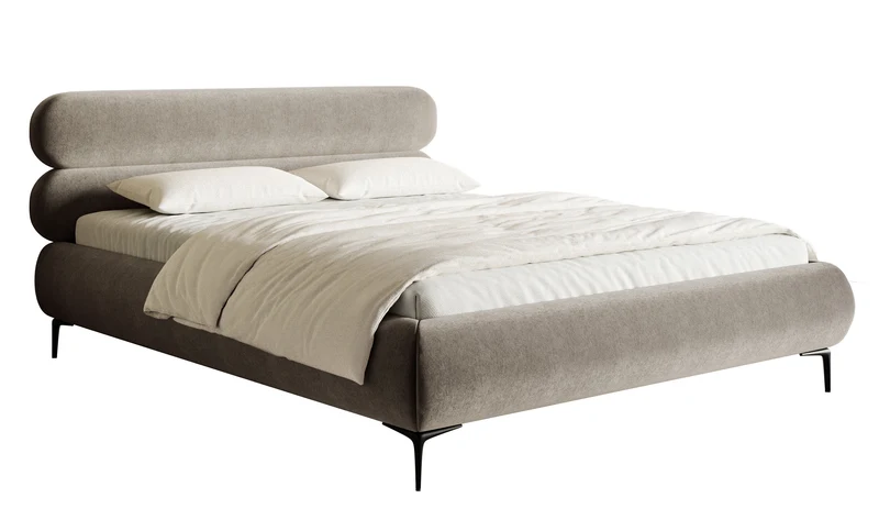 Gepolstertes Bett 160x200 cm Roule, grau-beiges Velours, wasserabweisend, schwarze Füße