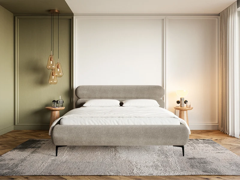 Gepolstertes Bett 160x200 cm Roule, grau-beiges Velours, wasserabweisend, schwarze Füße