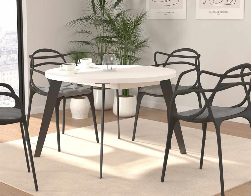 Esstisch Ausziehtisch TABLE ROUND 110 - 155 cm Weiß Metallfüße schwarz