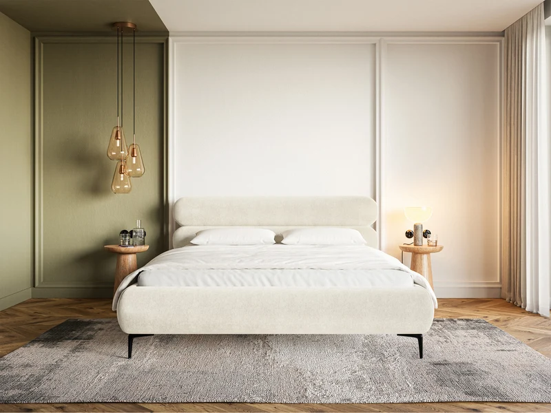 Polsterbett 180x200 cm Roule mit Stauraum, Metallrahmen, cremefarbener hydrophober Samt, schwarze Füße