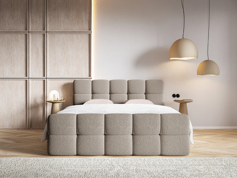 Kontinentalbett 140x200 cm Cloudy mit Stauraum und Topper, grau-beige Bouclé
