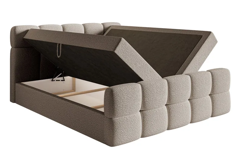 Kontinentalbett 140x200 cm Cloudy mit Stauraum und Topper, grau-beige Bouclé