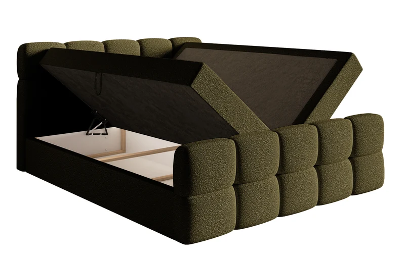 Kontinentales Bett 140x200 cm Cloudy mit Stauraum und Topper, olivfarbenes Bouclé