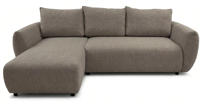 Ecksofa mit Schlaffunktion Zordo, L-förmig, linksseitig, mit zwei Stauraumfächern, hellbrauner Chenille-Stoff
