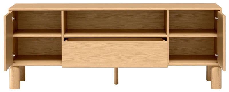 Zweiturige TV-Kommode Sanden mit Schublade und Nische, 160 cm, Eiche Bookmatch