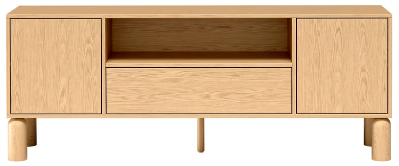 Zweiturige TV-Kommode Sanden mit Schublade und Nische, 160 cm, Eiche Bookmatch