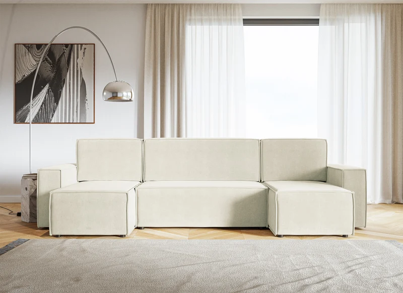 Ecksofa mit Schlaffunktion Copertino U-förmig mit Stauraum, universell, cremefarben, wasserabweisender Samt