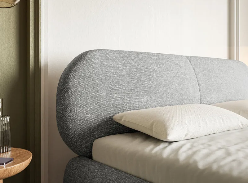 Gepolstertes Bett 160x200 cm Ovalle mit Stauraum, Metallrahmen, grauer Chenille, schwarze Beine