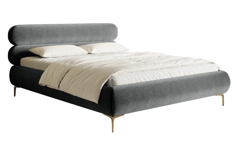 Gepolstertes Bett 180x200 cm Roule, grauer Velours, wasserabweisend, goldene Beine