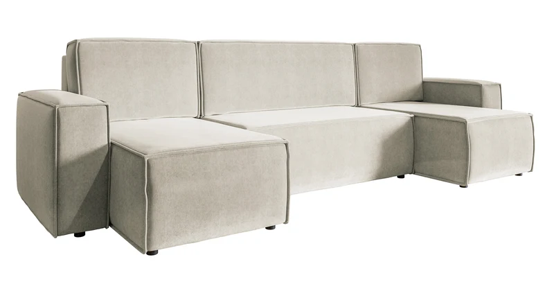 U-förmiges Ecksofa Copertino mit Schlaffunktion, universalem Stauraum, hellbeiger, wasserabweisender Samtvelours