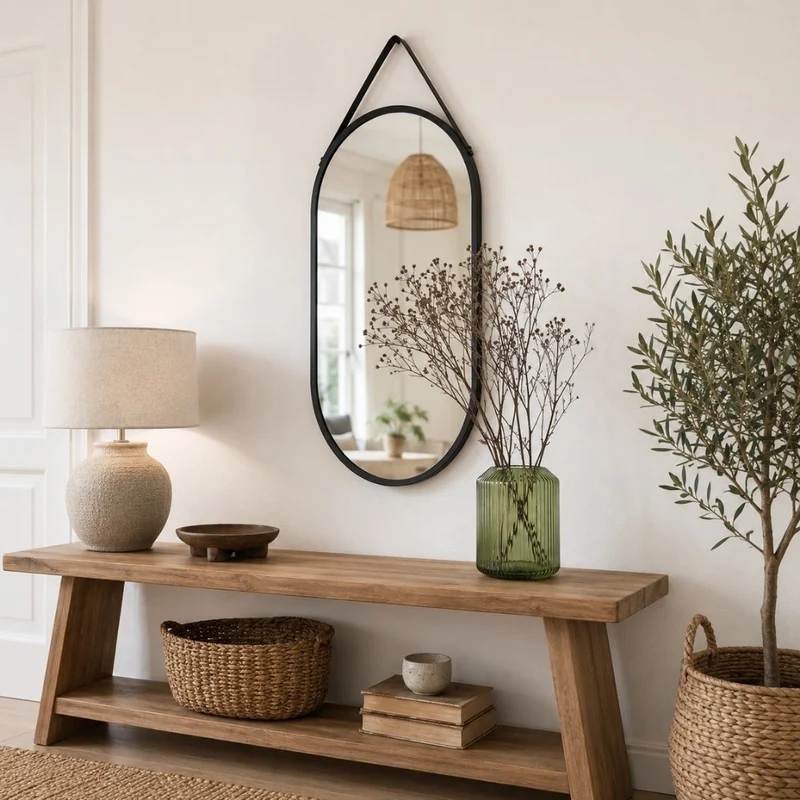 Moderner Spiegel PANIR 60cm oval schwarzer Metallrahmen Gurt