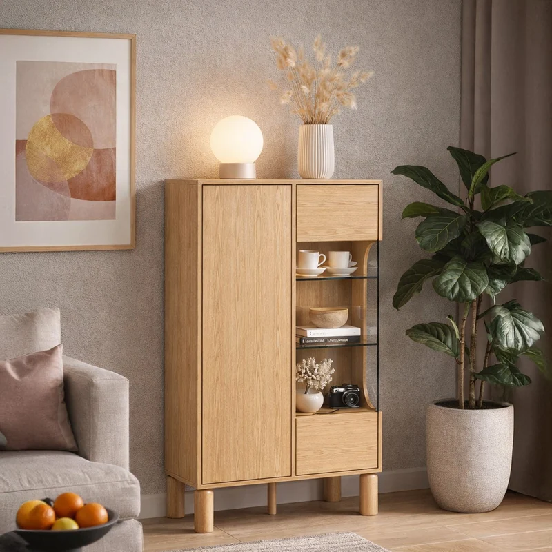Zweiflügelige Sanden-Vitrine mit LED-Beleuchtung, 89 cm, Eiche Bookmatch