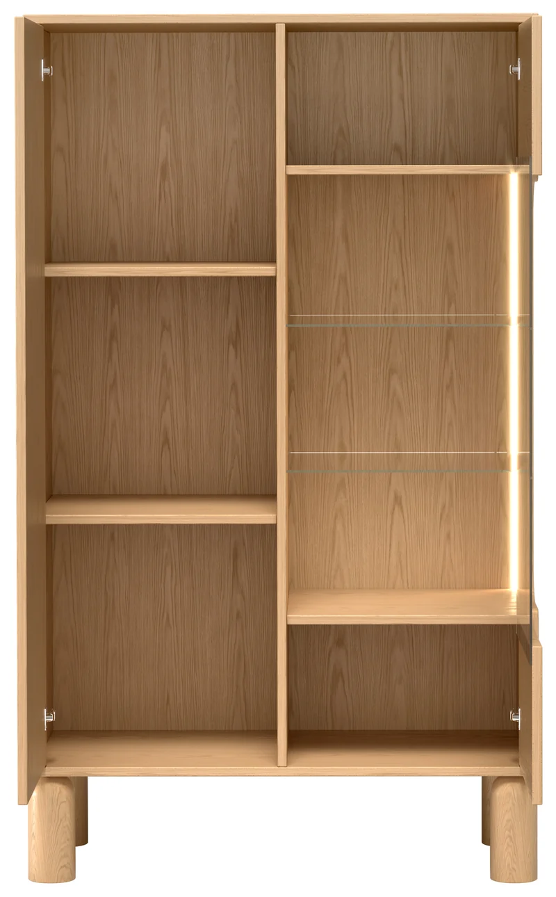 Zweiflügelige Sanden-Vitrine mit LED-Beleuchtung, 89 cm, Eiche Bookmatch