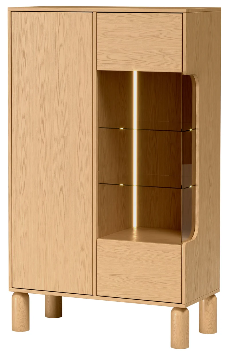 Zweiflügelige Sanden-Vitrine mit LED-Beleuchtung, 89 cm, Eiche Bookmatch
