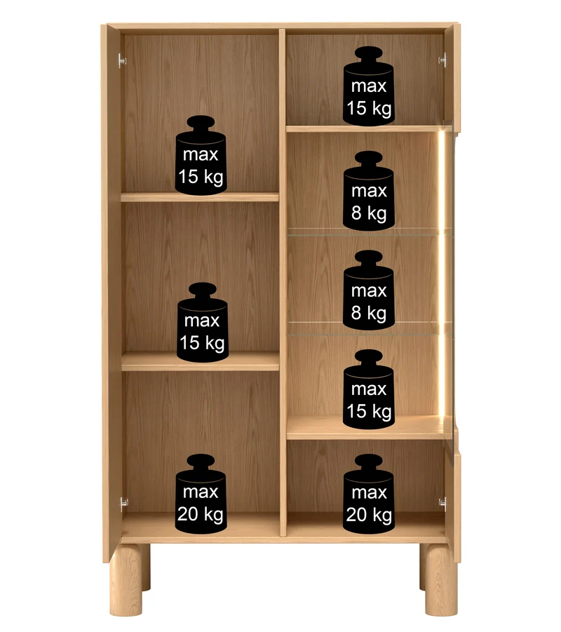 Zweiflügelige Sanden-Vitrine mit LED-Beleuchtung, 89 cm, Eiche Bookmatch
