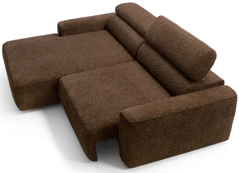 Ecksofa Fando mit elektrisch ausziehbarer Sitzfläche, L-förmig, linksseitig, braunes Chenille
