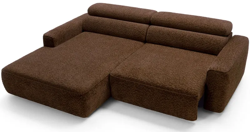 Ecksofa Fando mit elektrisch ausziehbarer Sitzfläche, L-förmig, linksseitig, braunes Chenille