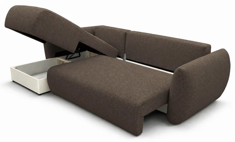 Ecksofa mit Schlaffunktion Zordo, L-förmig, linksseitig, mit zwei Stauraumfächern, braunes Chenille