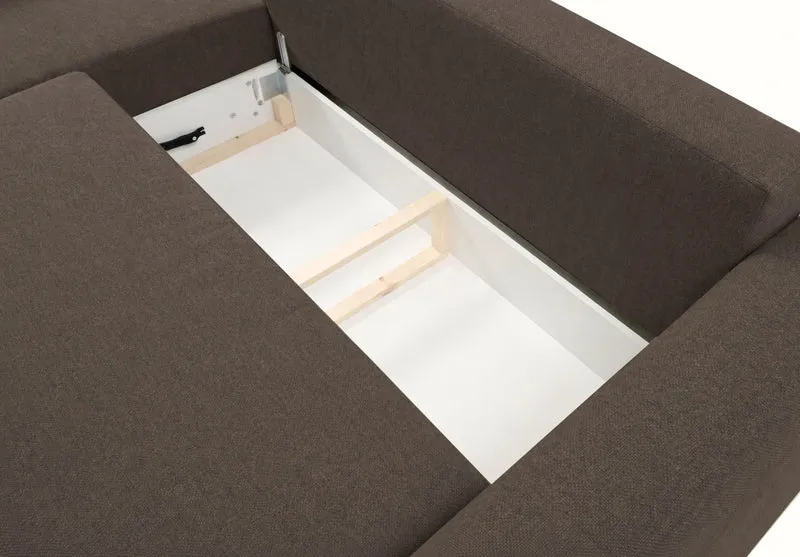 Ecksofa mit Schlaffunktion Zordo, L-förmig, linksseitig, mit zwei Stauraumfächern, braunes Chenille