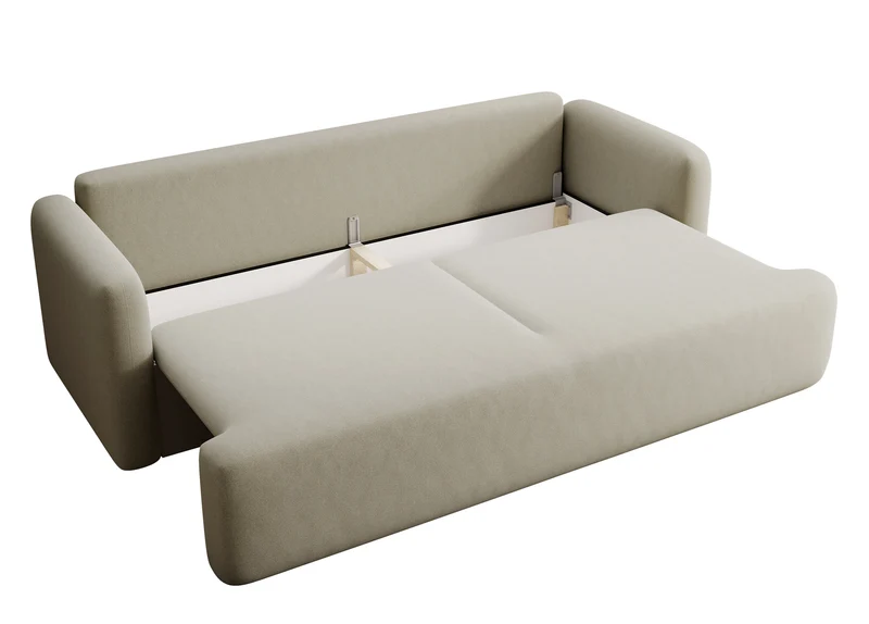 Dreisitziges ausklappbares Sofa Lambina mit Stauraum, beige, pflegeleichter Velours