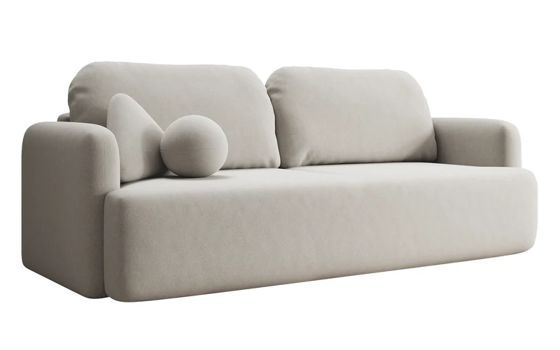 Dreisitziges ausklappbares Sofa Lambina mit Stauraum, cremefarbener Velours, leicht zu reinigen