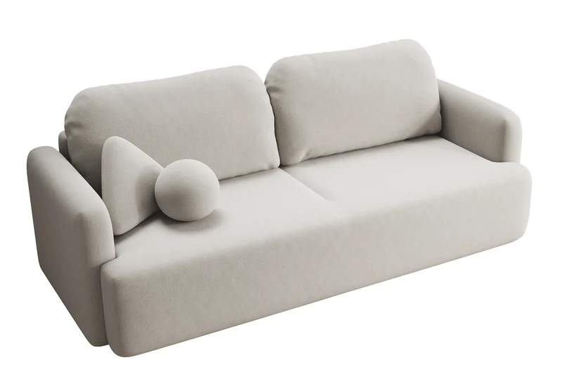 Dreisitziges ausklappbares Sofa Lambina mit Stauraum, cremefarbener Velours, leicht zu reinigen