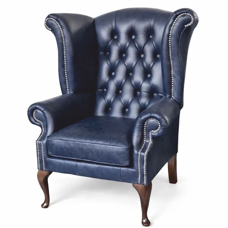 Casa Padrino Luxus Chesterfield Ohrensessel Vintage Blau / UK Design / Braun H. 110 cm