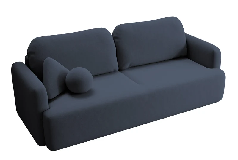 Dreisitziges, ausklappbares Sofa Lambina mit Stauraum, marineblauer, leicht zu reinigender Samtvelours