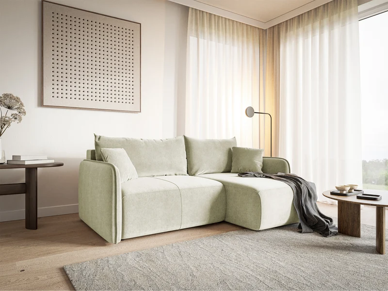 Ecksofa mit Schlaffunktion Mavio, L-förmig, cremefarben, mit Stauraum, hydrophobes Samt, universell einsetzbar